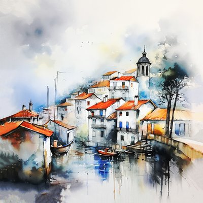 Abstract aquarel landschap, dorp en straat door F. Abderrahim