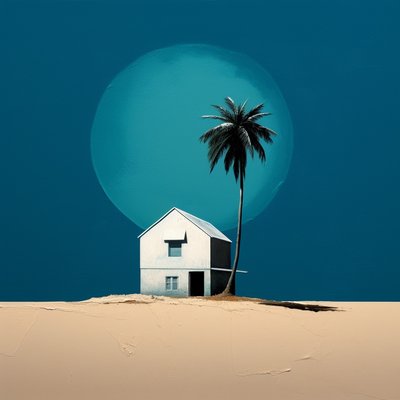 Abstract huisje aan het strand & een palmboom door F. Abderrahim