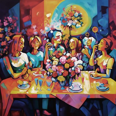 Abstracte illustratie, gelukkig familiediner, full color, muurkunst print door F. Abderrahim