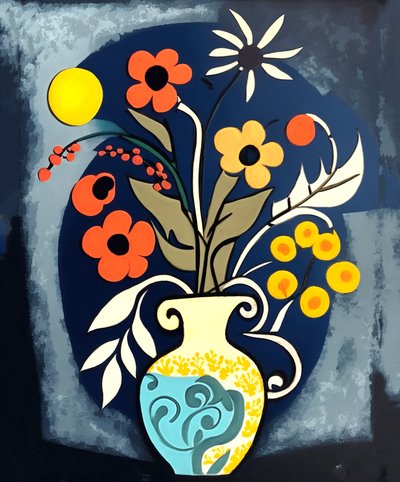 Abstract impressionistisch schilderij van bloemen in een vaas door F. Abderrahim