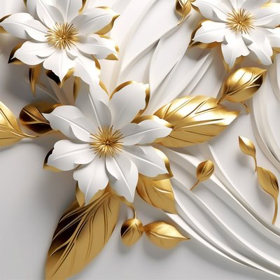 Abstracte bladeren en witte bloemen, gouden textuur door F. Abderrahim