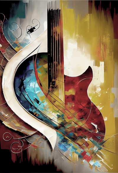 Abstracte muziek olieverfschilderij: gitaar dikke penseelstreken canvas kunstafdrukken door F. Abderrahim