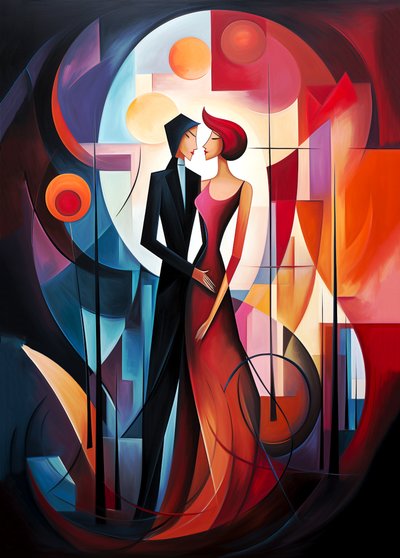 Abstract olieverfschilderij van verliefd stel, levendige kleuren, muurkunst | canvasafdrukken door F. Abderrahim