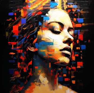 Abstract schilderij vrouwelijk portret profiel zwarte achtergrond, muurkunst | canvasafdrukken door F. Abderrahim