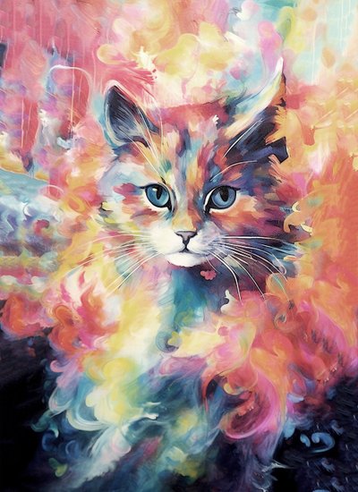 Abstract schilderij van een huisdier, een kat in felle kleuren door F. Abderrahim