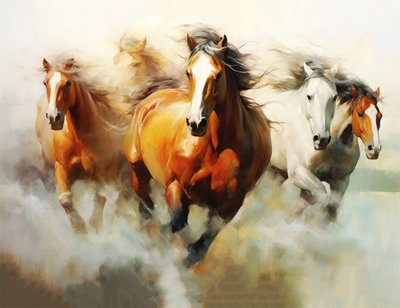 Abstract schilderij van mooie paarden, impressionistisch, muurkunstafdruk door F. Abderrahim