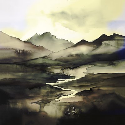 Abstracte aquarel landschap donkerpaars & blauw | Canvas Prints door F. Abderrahim