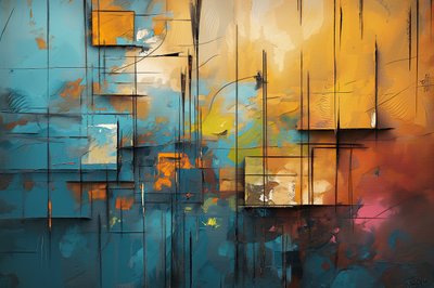 Acryl schilderij op doek, blauw, oranje en geel door F. Abderrahim
