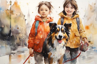 Aquarel portretschilderij van hond en kinderen door F. Abderrahim