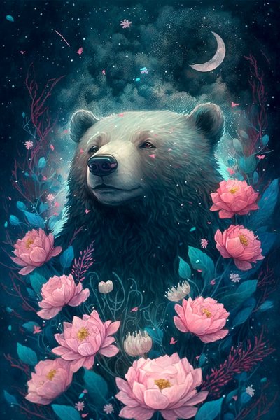 Beer in een fantasiedroomscène omringd door bloemen, ingelijste posters afdrukken door F. Abderrahim