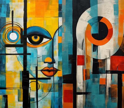 Mooie kubistische schilderij, vrouwelijk gezicht in levendige kleuren door F. Abderrahim