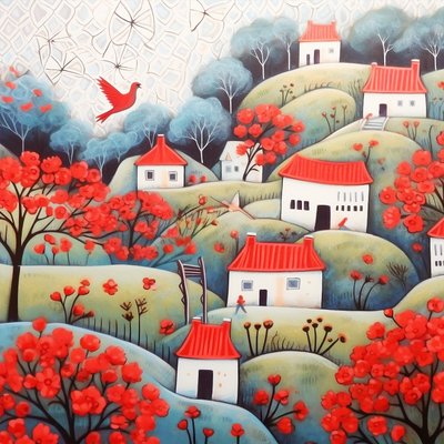 Mooie huizen in een rood en paars landschap door F. Abderrahim