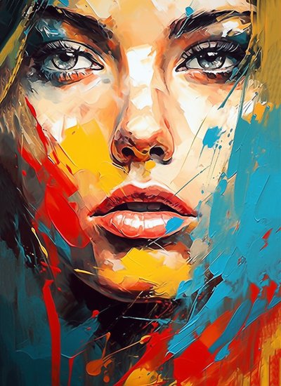 Portret van een mooie vrouw, blauwe ogen, expressionistische stijl, muurkunstafdrukken door F. Abderrahim