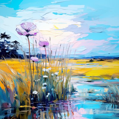 Blauwe bloemen, abstracte blauwe bloemen in zonsopgang landschap door F. Abderrahim