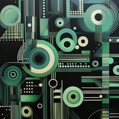 Complex geometrisch schilderij op donkere zwarte achtergrond, fijne kunstafdrukken door F. Abderrahim