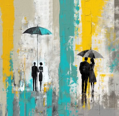 Romantische regenachtige dag, verliefd stel onder paraplu, muurkunstafdrukken door F. Abderrahim