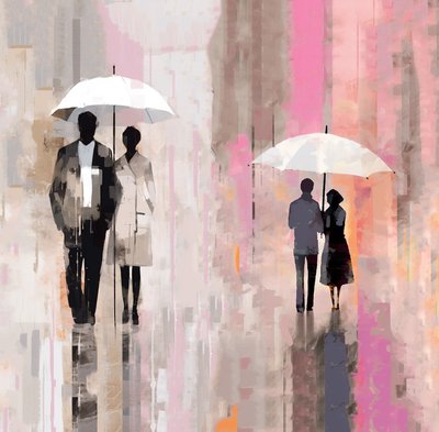 Etnisch stel onder paraplu, abstract schilderij in de regen door F. Abderrahim
