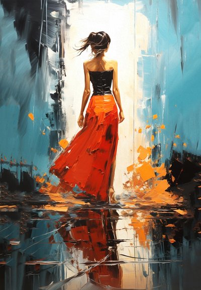 Modevrouw in een abstract landschap in felle kleuren door F. Abderrahim