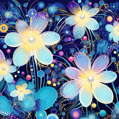 Bloemmotiefpatroon in blauw, yayoi kusama-stijl, fijne kunstafdrukken online door F. Abderrahim