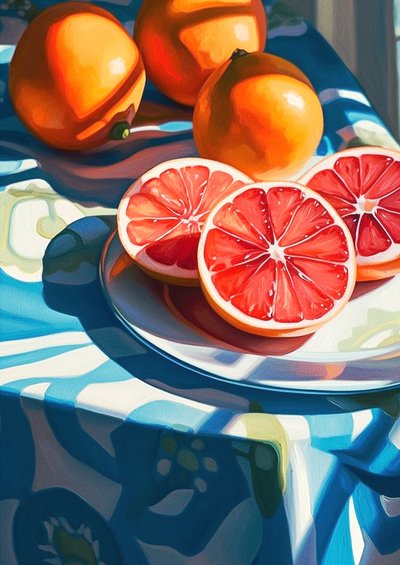 Grapefruit schijfjes, decor keuken stilleven schilderij, fijne kunstafdrukken online door F. Abderrahim