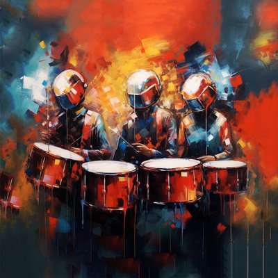 Groep muzikanten drummers die drums spelen, rockmuziek, digitale kunstafdruk door F. Abderrahim