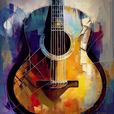Gitaar abstract schilderij met dikke penseelstreken door F. Abderrahim