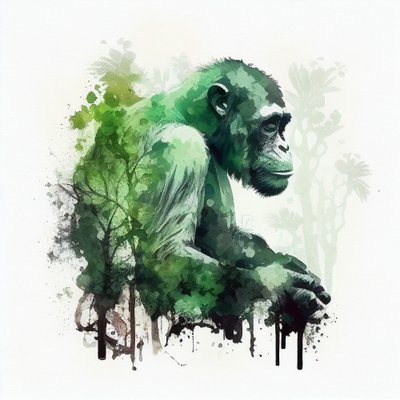 Jungle aap, chimpansee, dubbele belichting aquarel schilderij, kunstafdrukken door F. Abderrahim