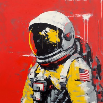 Minimalistisch dikke streken schilderij Een astronaut in de ruimte, muurkunst | canvasprints door F. Abderrahim