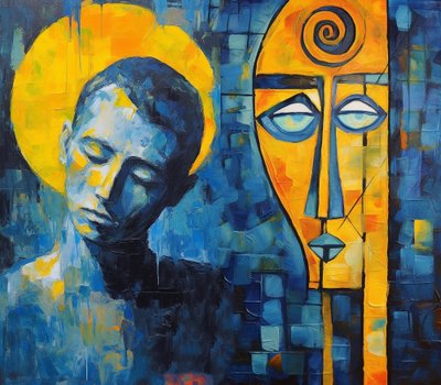 Moderne abstracte verdrietige gezicht schilderij, goedkope posterafdrukken online door F. Abderrahim