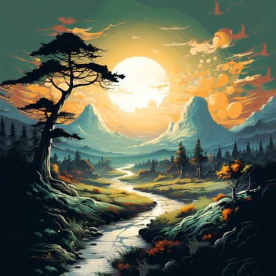 Berg en rivierlandschap zonsopgang, canvas & muurkunstafdrukken online door F. Abderrahim