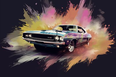 Oude Amerikaanse auto, de jaren 70 & 60, Abstract schilderij door F. Abderrahim