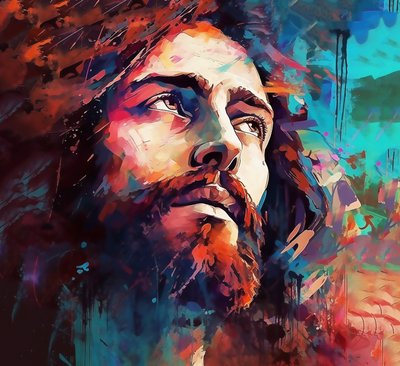 Religieus gezicht van Jezus Christus, spiritueel christelijk schilderij door F. Abderrahim