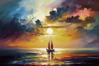 Zeilboot zeelandschap, oranje zonsondergang door F. Abderrahim