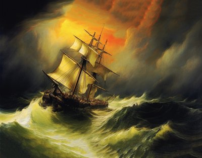 Schip in een storm op zee, in de stijl van William Turner door F. Abderrahim