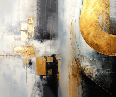 Zilver & gouden abstract intuïtieve kunst schilderij, vierkante fijne kunstafdrukken door F. Abderrahim