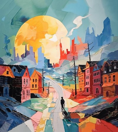 Sneeuwdag in de oude stad, surrealisme winterlandschap, muurkunst prints door F. Abderrahim