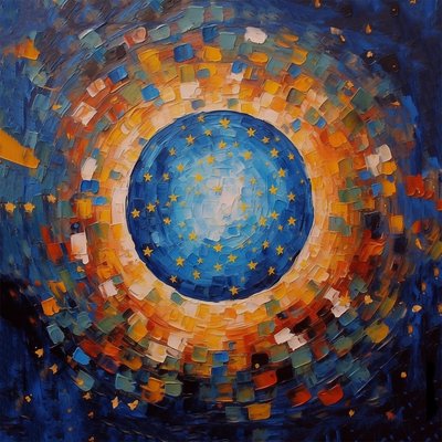 Zonsondergang mozaïek kunst schilderij, blauw en oranje door F. Abderrahim