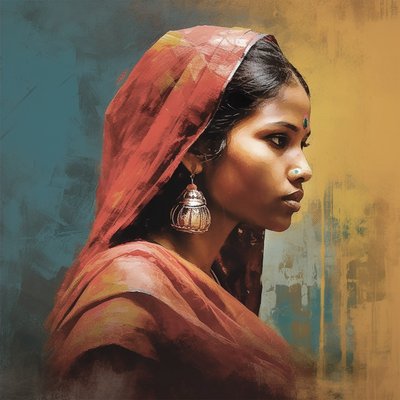 Traditionele Indiase vrouw met zilveren oorbellen, portret door F. Abderrahim