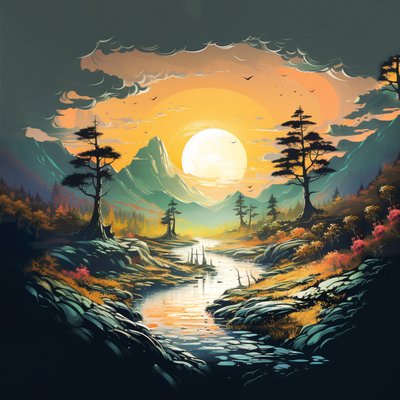 Fantasie bergen zonsondergang landschap digitale tekening door F. Abderrahim