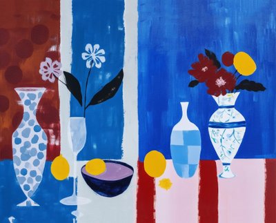 bloemen in vazen op de tafel, muurkunst decoratie voor keuken door F. Abderrahim