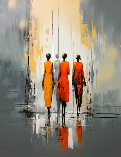 Mensen die op straat lopen, abstract schilderij van een vrouw door F. Abderrahim