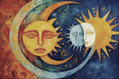 De zon en maan gezichten, abstract schilderij door F. Abderrahim