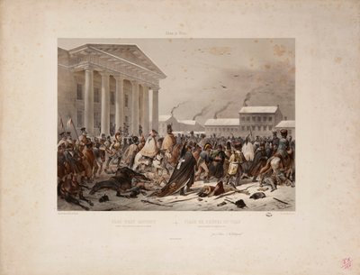 Terugtrekkend Frans leger op het Stadhuisplein van Vilna, gegraveerd door Victor Adam en Louis Pierre Alphonse Bichebois, 1812 door F. Daniel