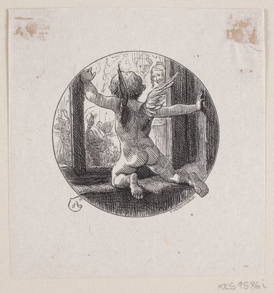 Cirkelvormige Vignet met Vliegende Engel door F. Hendriksen