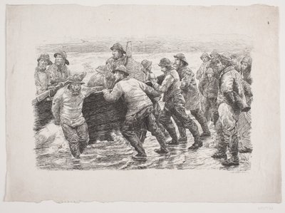 Vissers bezig een boot in het water te zetten door F. Hendriksen