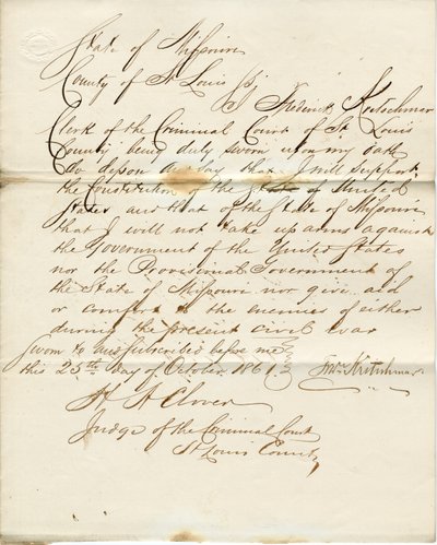 Loyaliteitseed van Frederick Kretschmar, Staat Missouri, County of St. Louis door F. Kretschmar