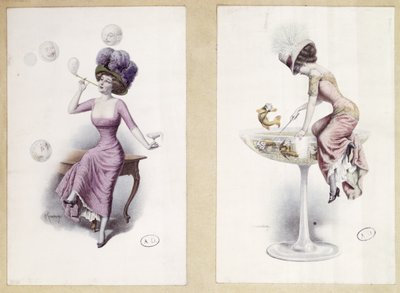 Ansichtkaarten met een vrouw die bellen blaast en vist in een Champagneglas, ca. 1900 door F. Kuderna