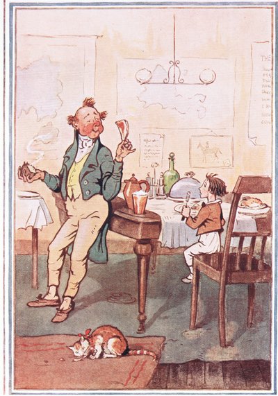 Hij nam een karbonade bij het bot in de ene hand en een aardappel in de andere, illustratie uit David Copperfield, 1914 door F. M. B. Blaikie