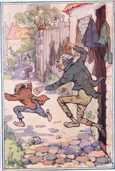 Hij stormde de winkel uit achter hen aan en stuurde ze vliegend weg, illustratie uit David Copperfield, 1914 door F. M. B. Blaikie