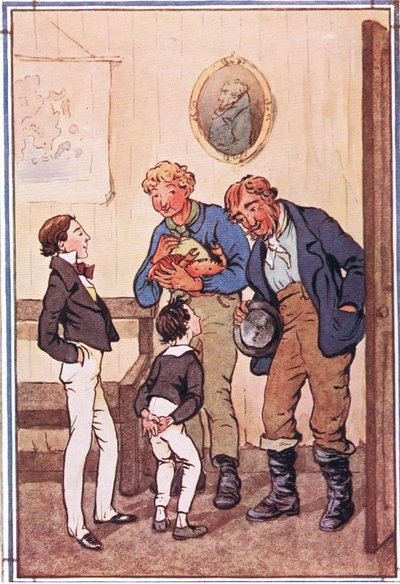 Mr. Peggotty haalde twee reusachtige kreeften en een enorme krab en een grote canvas zak met garnalen uit zijn zakken, illustratie uit David Copperfield, 1914 door F. M. B. Blaikie